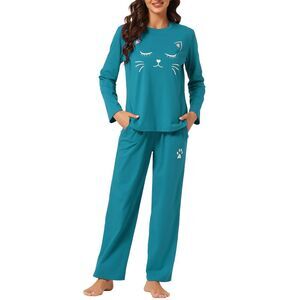 Pajamas Set Nightwear Lounge Cute Cat Long Sleeve Sleepwear Peacoke Blue
